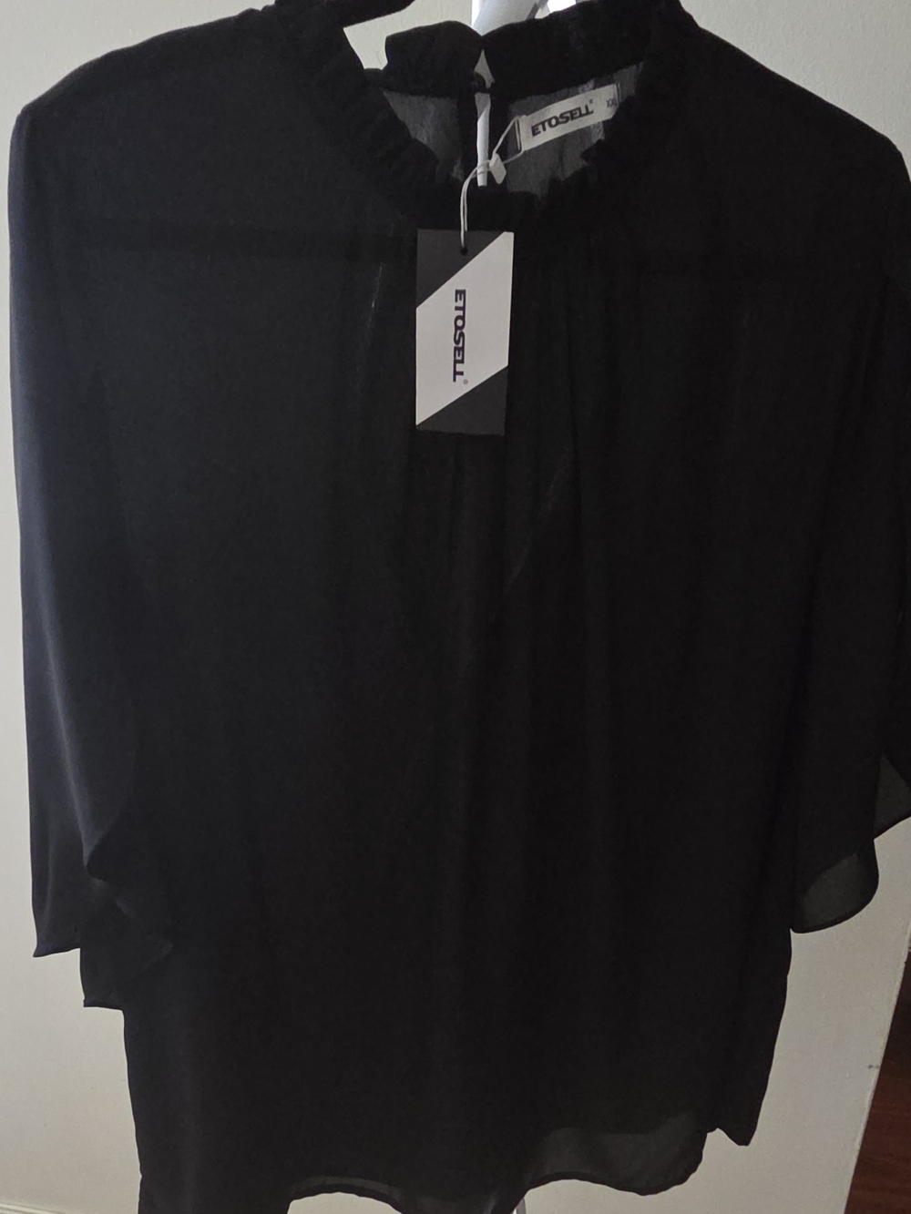 Etosell Black Sheer Ruffle Neck 3/4 Sleeve Blouse XXL Women